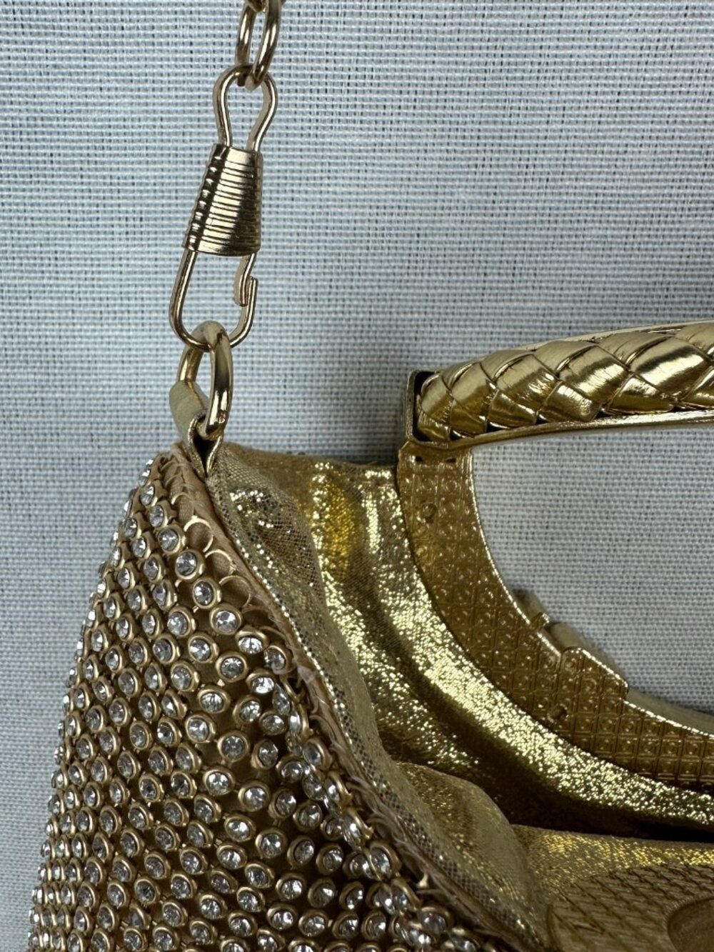 SPARKLY GOLD RHINESTONE EVENING CLUTCH PURSE METALIC O-RING TOP HANDLE - Picture 6 of 12